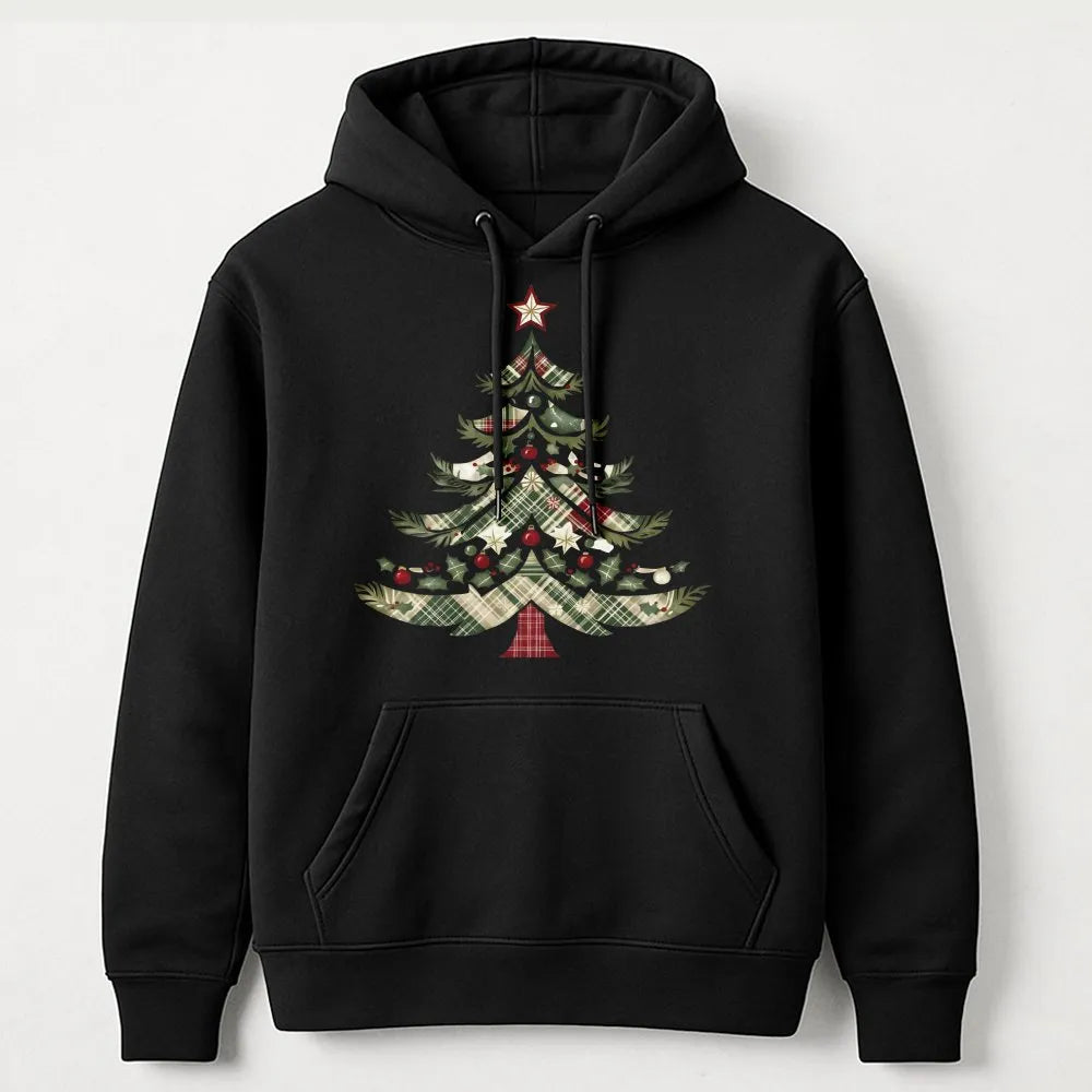 Festive Holiday Graphic Hooded Sweatshirt, Vintage Plaid Christmas Tree Hoodie, Comfy Winter Tree Pullover, Xmas Holiday Seas