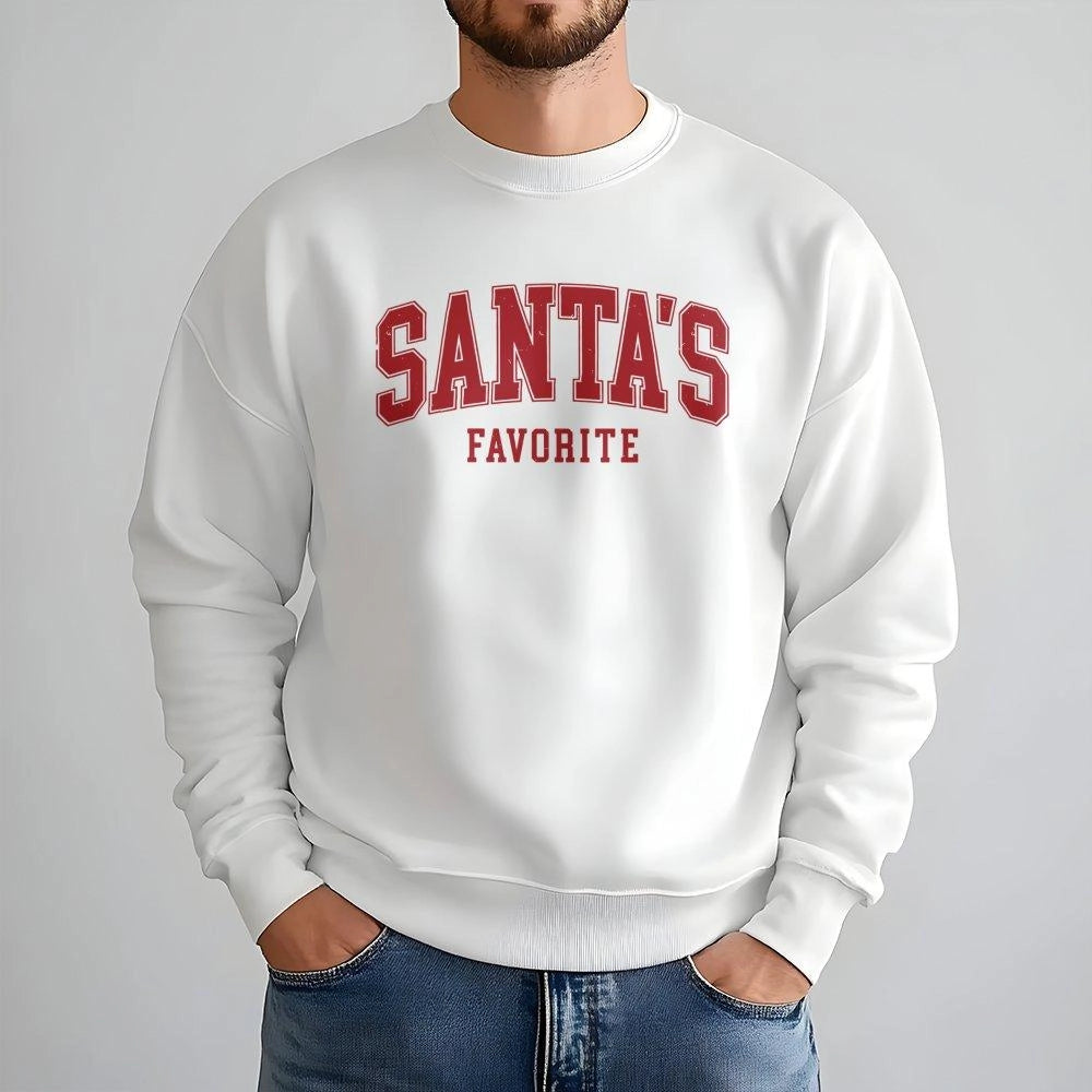 Retro Varsity Christmas Lettering Crewneck, Santa's Favorite Sweatshirt, Humorous Santa Claus Holiday Sweater, Comfy Merry Xm