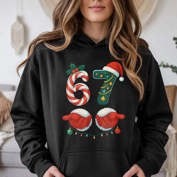 Candy Cane Holiday Sweatshirt, 67 Christmas Hoodie, Humorous Gen Alpha Meme Xmas Pullover, Sarcastic Teen Holiday Hooded Swea