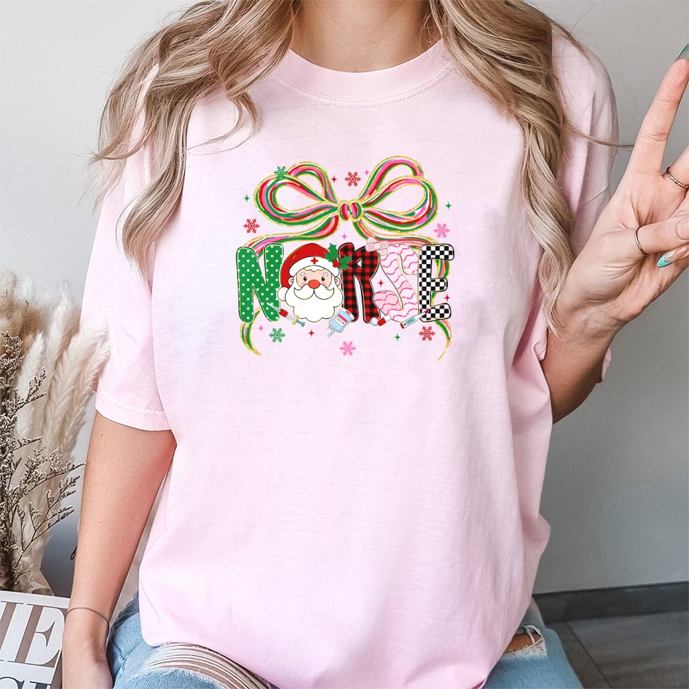 Santa Coquette Bow Medical Tee, Christmas Nurse T-Shirt, Adorable Holiday Nurse Shirt, Festive Healthcare Worker T-Shirt, Nur
