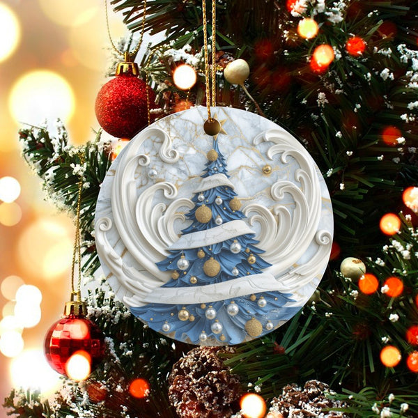 3D Marble Christmas Ornament, Blue Swirl Tree Ornament, Elegant Blue Holiday Tree Decor, Ceramic Winter Keepsake Ornament, Se