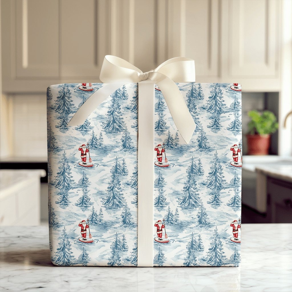SUP Christmas Gift Wrap, Paddleboarding Santa Wrapping Paper, Winter Forest Holiday Present Paper, Adorable Coastal Xmas Gift