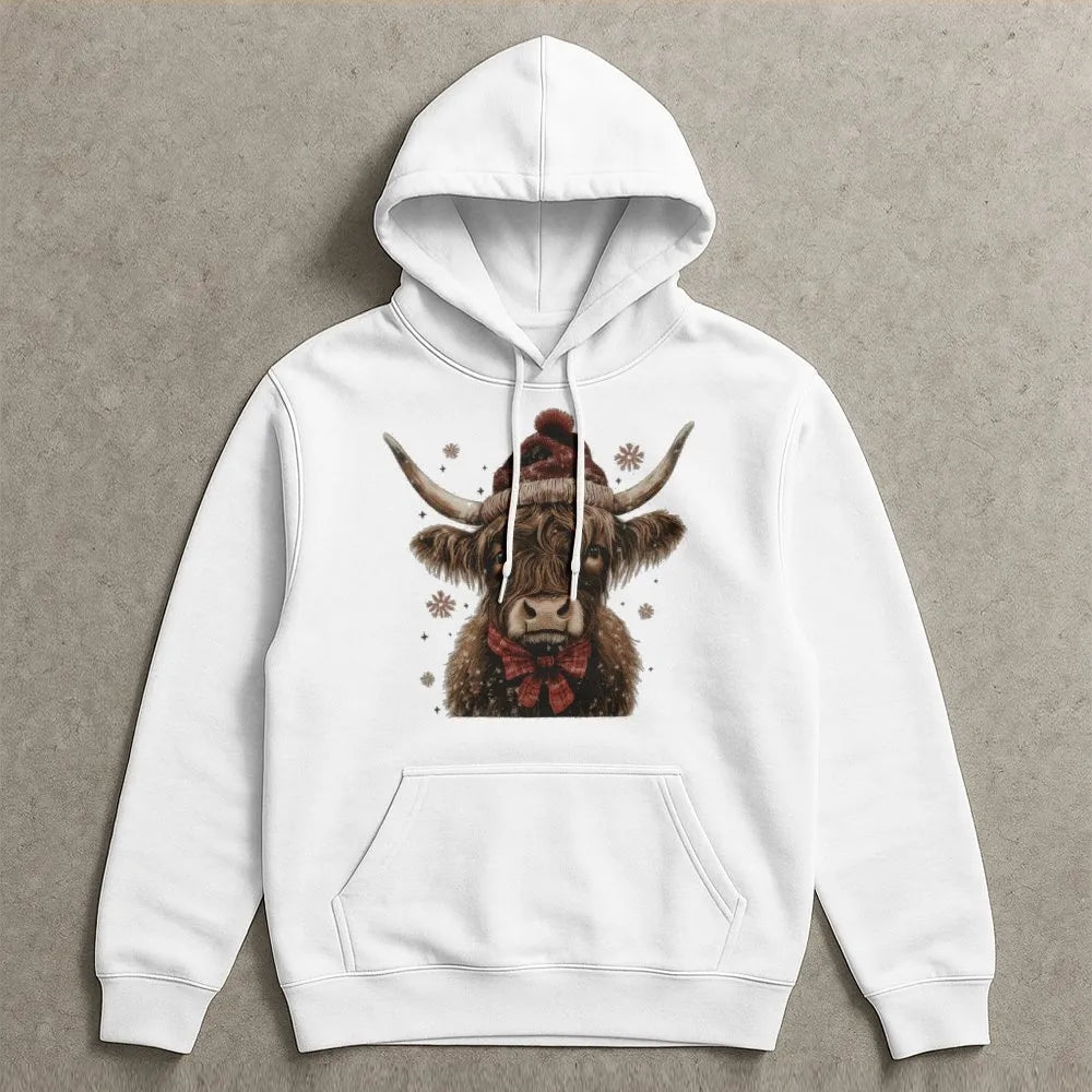 Western Santa Hat Cow Sweatshirt, Christmas Highland Cow Hoodie, Adorable Holiday Cow Hooded Pullover, Festive Winter Cow Gra