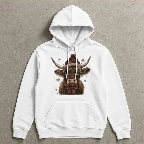 Western Santa Hat Cow Sweatshirt, Christmas Highland Cow Hoodie, Adorable Holiday Cow Hooded Pullover, Festive Winter Cow Gra