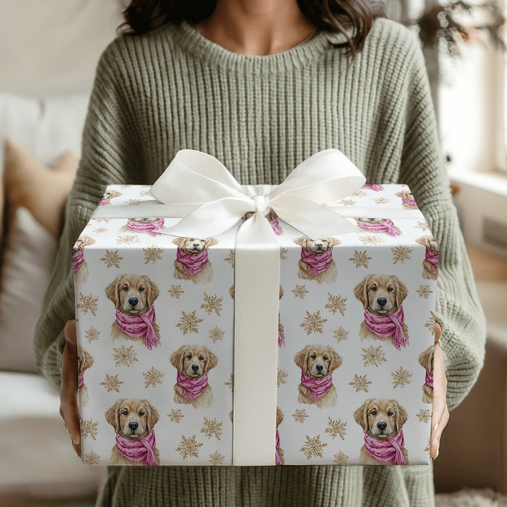 Puppy with Pink Scarf Christmas Gift Wrap, Golden Retriever Wrapping Paper, Watercolor Dog Wrapping Paper, Holiday Pet Gift W