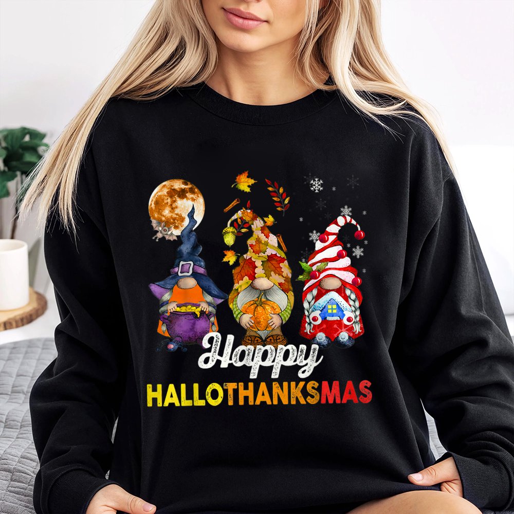 Halloween Thanksgiving Christmas Sweater, Hallothanksmas Gnome Sweatshirt, Adorable Trio Holiday Gnome Crewneck, Comfy Fall W