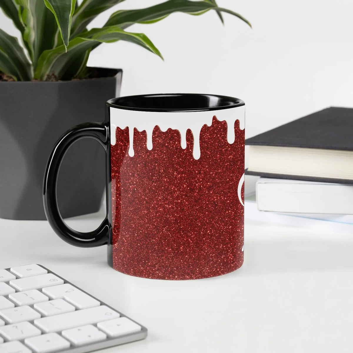 Dripping White Paint Effect Coffee Mug, Red Glitter Print Ceramic Mug, Sparkle Aesthetic Drinkware Mug, Glam Holiday Christma
