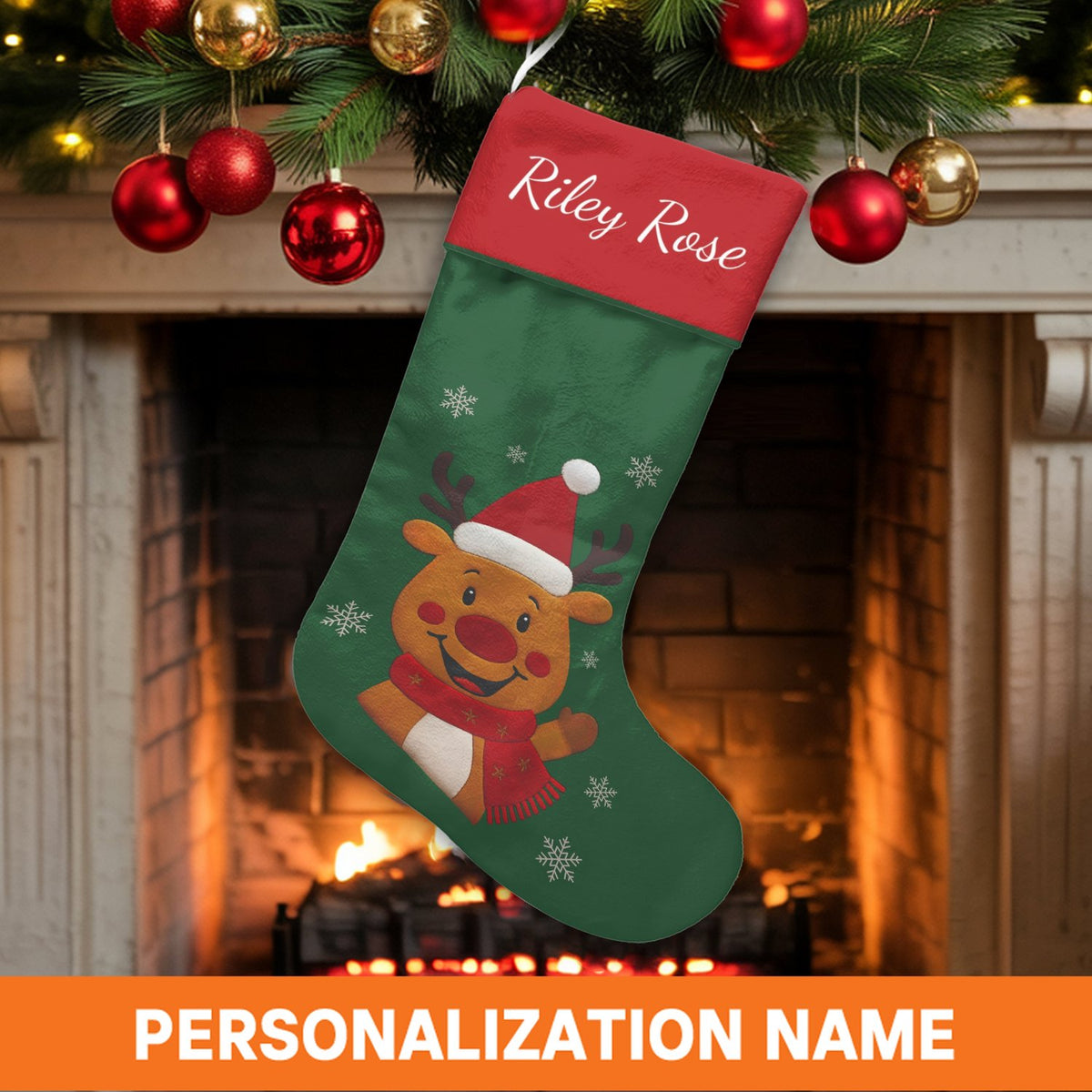 Snowflake Holiday Stocking, Adorable Reindeer Christmas Stocking, Personalized Christmas Stocking, Custom Name Stocking, Kids