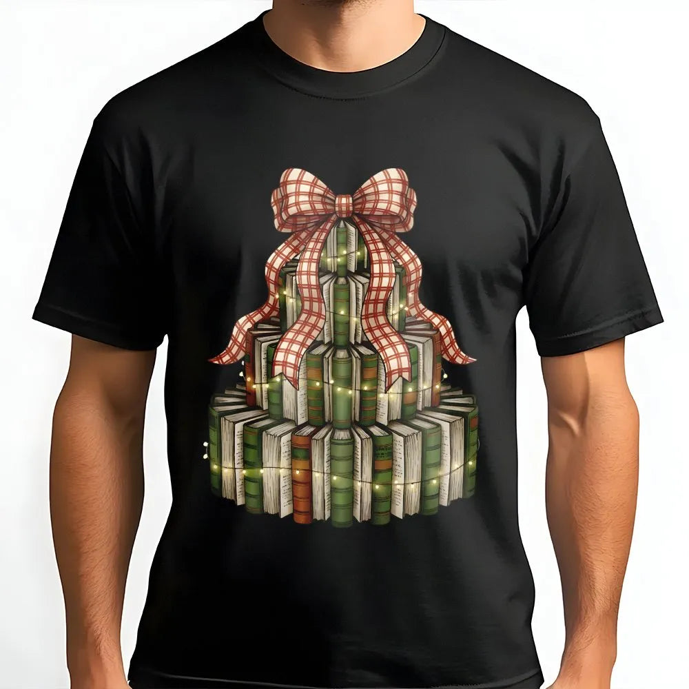 Festive Librarian Reading Graphic Tee, Christmas Book Tree T-Shirt, Book Lover Holiday Shirt, Adorable Reader Teacher Christm