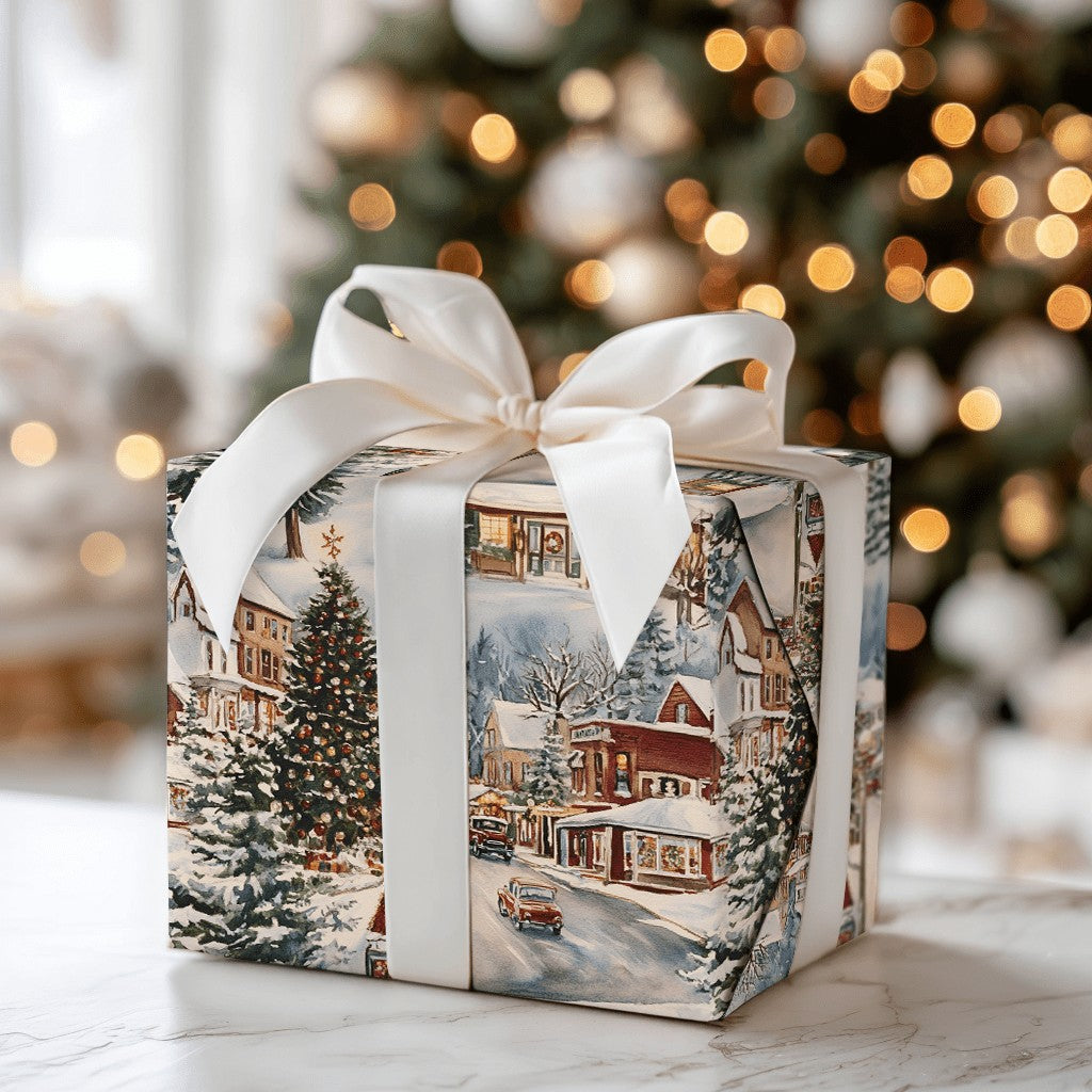 Snowy Town Storefronts Holiday Gift Wrap, Vintage Christmas Village Wrapping Paper, Nostalgic Xmas Wrapping Paper, Festive Wi