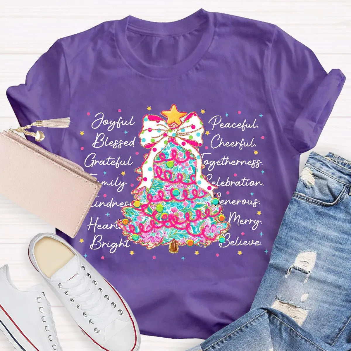 Aesthetic Holiday Graphic Tee, Joyful Peaceful Cheerful Christmas Tree T-Shirt, Retro Xmas Tree Shirt, Festive Winter Holiday