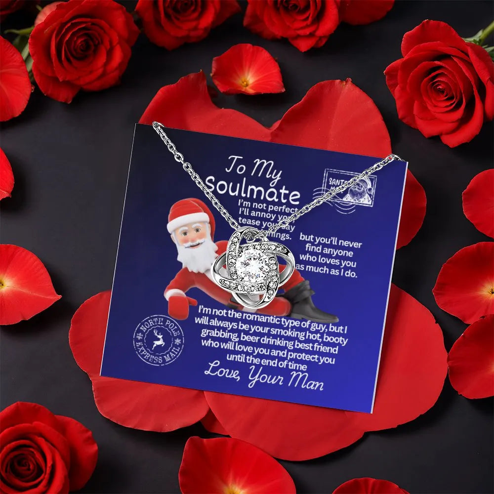Christmas Message Card Pendant, Santa Soulmate Love Knot Necklace, Romantic CZ Love Knot Necklace, Holiday Wife Necklace, Gir