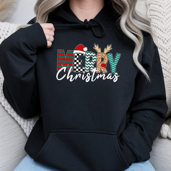 Leopard Plaid Santa Hat Reindeer Hoodie, Merry Christmas Hoodie, Festive Holiday Hooded Sweatshirt, Winter Christmas Reindeer