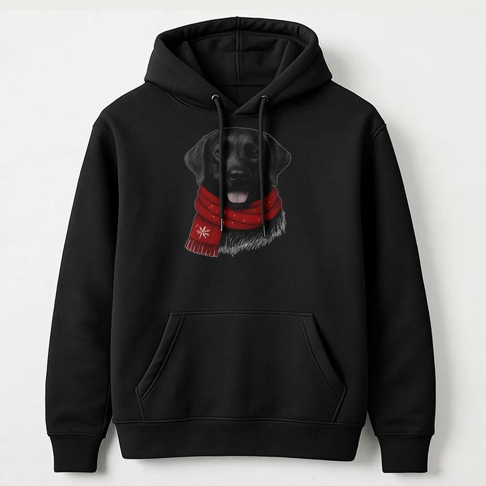 Adorable Dog Red Scarf Hoodie, Black Labrador Christmas Hoodie, Festive Pet Lover Sweatshirt, Black Lab Hooded Sweatshirt, Wi