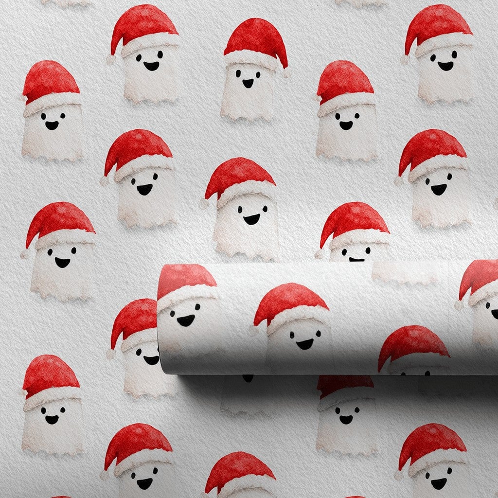 Spooky Santa Hat Gift Wrap, Christmas Ghost Wrapping Paper, Adorable Watercolor Ghost Holiday Wrapping Paper, Whimsical Winte