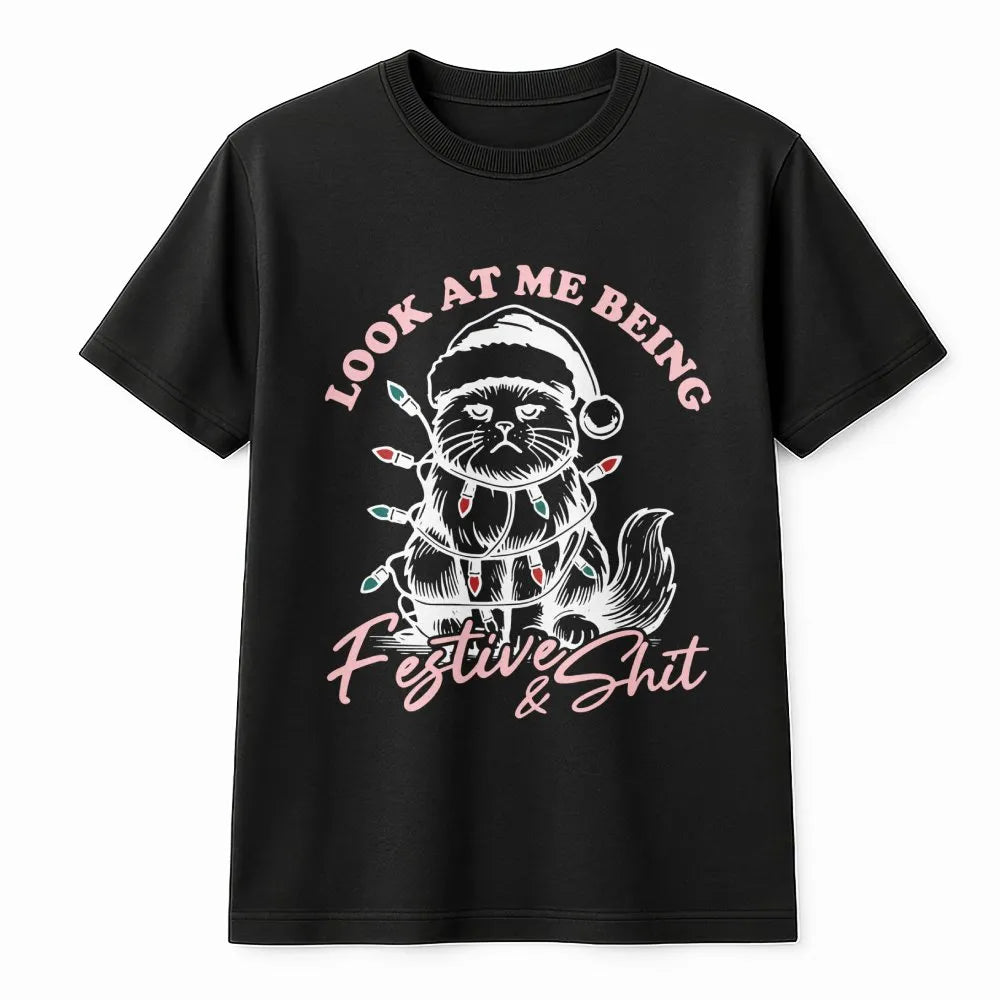 Grumpy Holiday Kitty Tee, Humorous Christmas Cat T-Shirt, Sarcastic Festive Graphic Shirt, Xmas Cat Lover Present for Men and