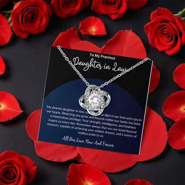 Gold Finish Love Knot Pendant, Daughter in Law Love Knot Necklace with Rotating Rose Box, Love Knot Jewelry, Birthday Christm