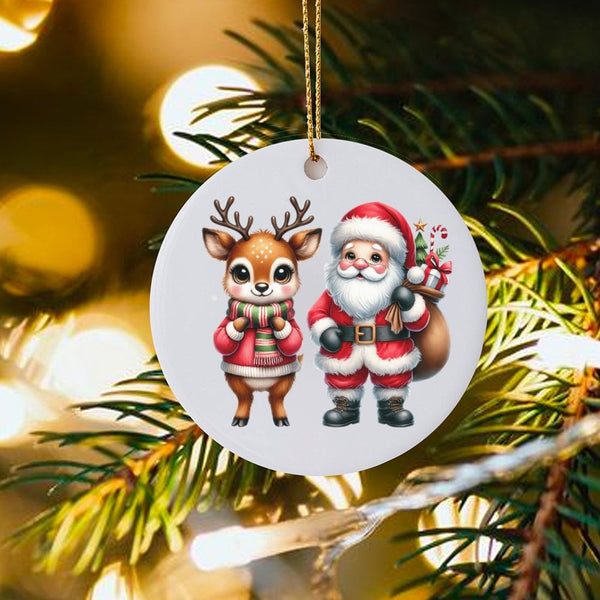 Adorable Santa Ceramic Ornament, Santa and Reindeer Christmas Ornament, Holiday Reindeer Tree Ornament, Festive Family Keepsa