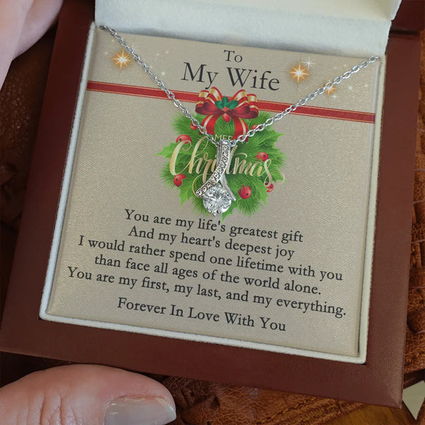 Sparkling CZ Ribbon Jewelry, To My Wife Ribbon Pendant Necklace, 14k White Gold Over Stainless Steel Chain, Romantic Christma