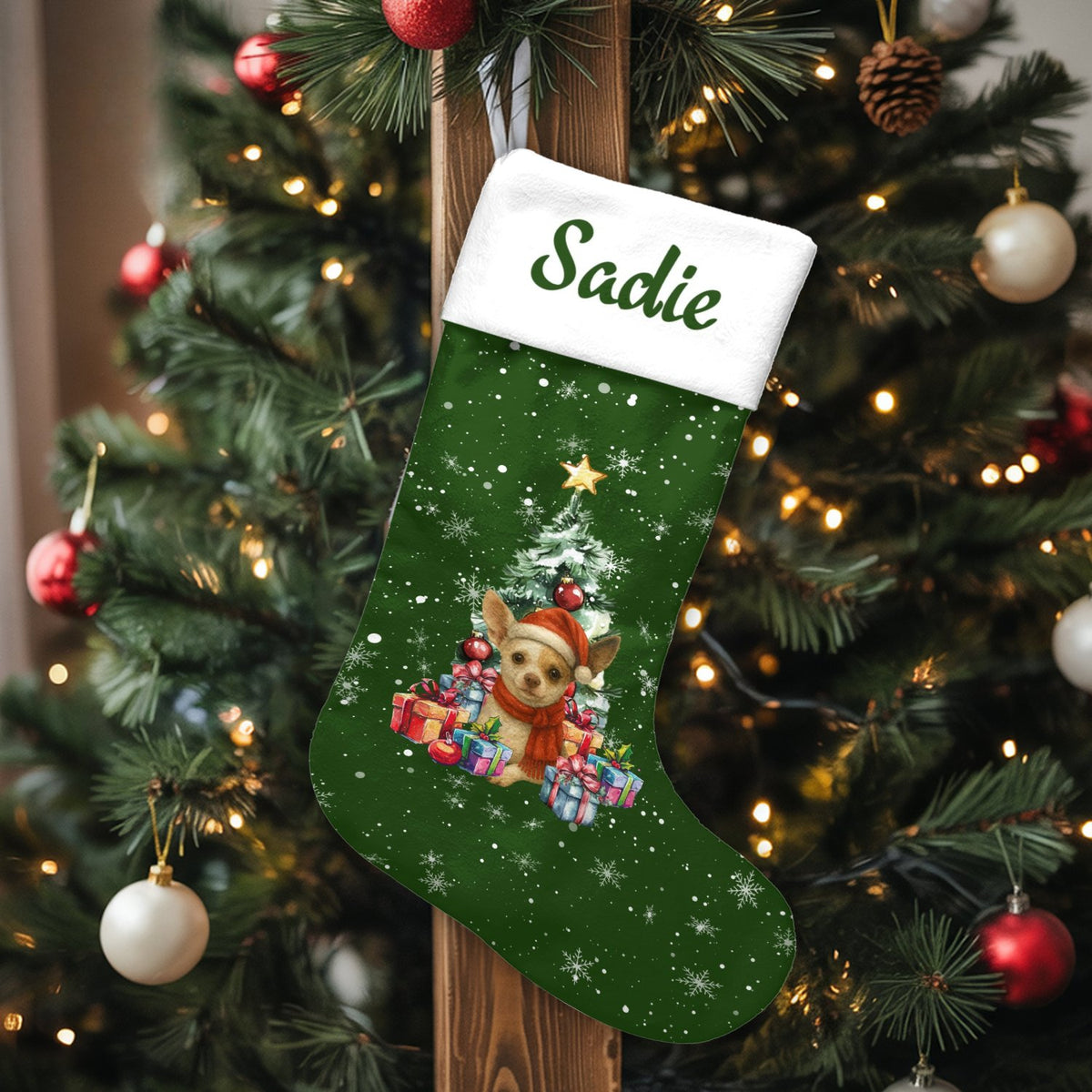 Custom Name Dog Holiday Stocking, Personalized Chihuahua Christmas Stocking, Adorable Puppy Pet Lover Christmas Stocking, Fes