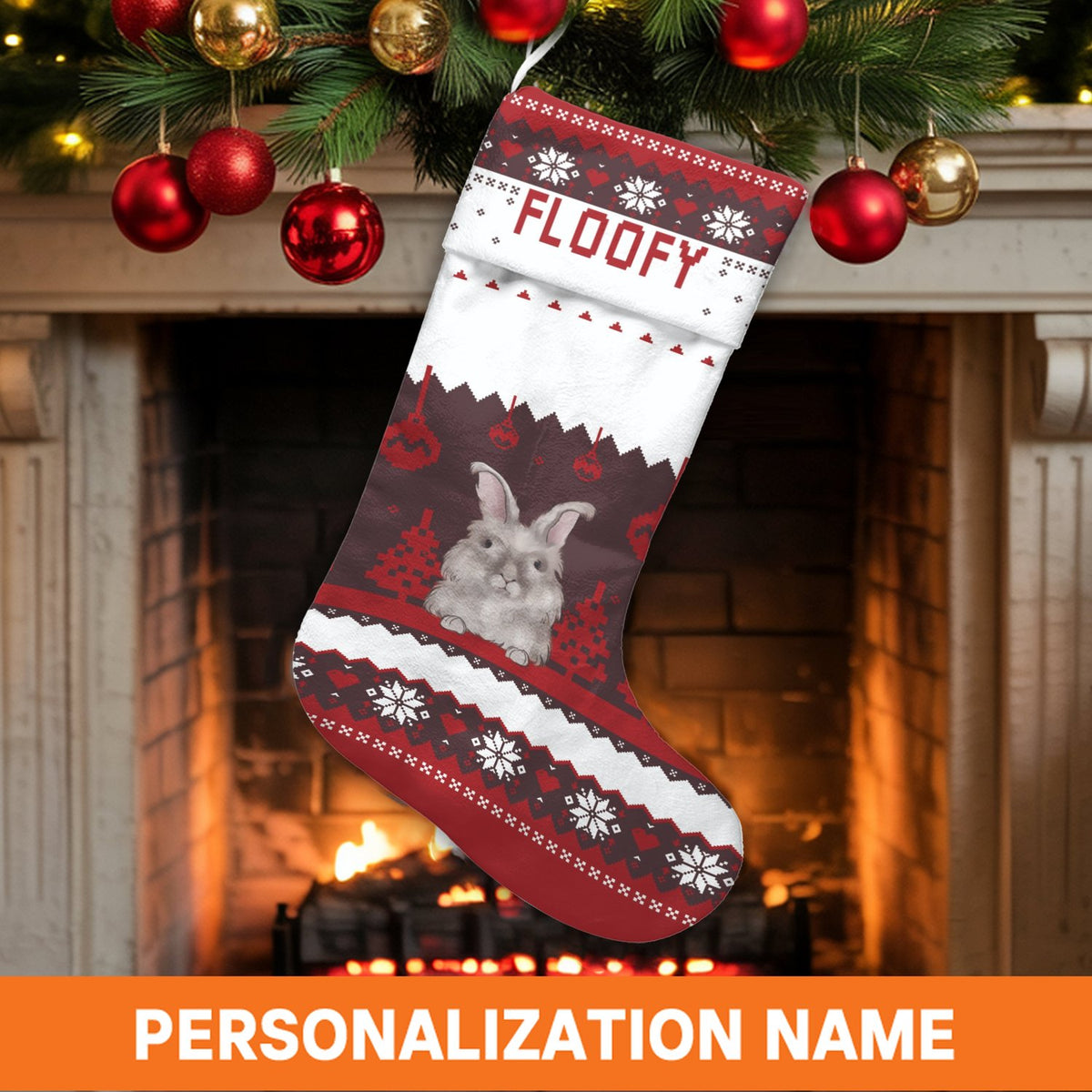 Nordic Pattern Bunny Christmas Stocking, Personalized Rabbit Christmas Stocking, Adorable Bunny Holiday Stocking, Pet Lover X
