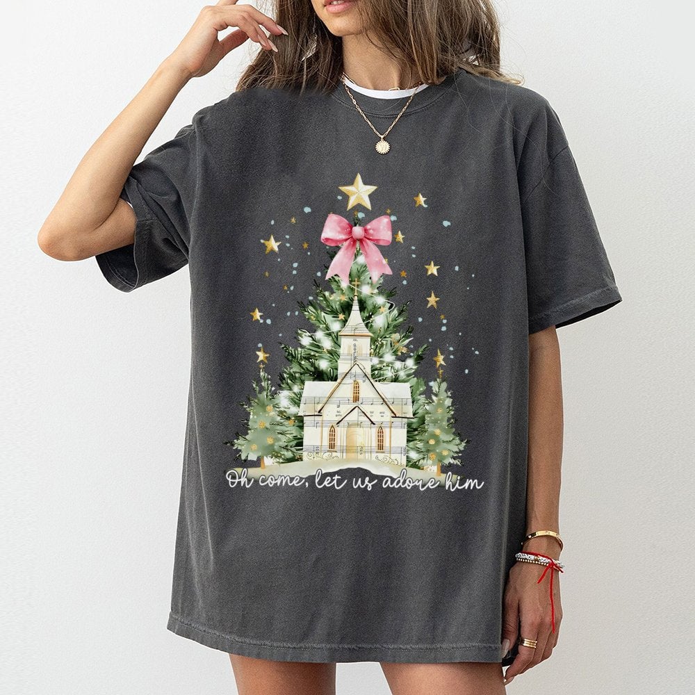 Watercolor Christmas Tree Shirt, Oh Come Let Us Adore Him T-Shirt, Coquette Bow Holiday Tee, Christian Graphic T-Shirt, Xmas 