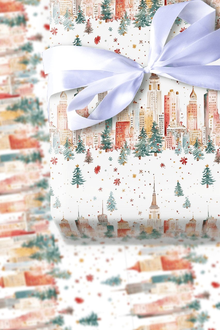 New York Holiday Gift Wrap, NYC Skyline Christmas Wrapping Paper, Watercolor Cityscape Wrapping Paper, Festive Winter Present