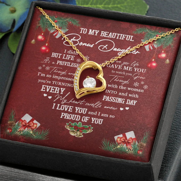 14K White Gold Heart Necklace, Bonus Daughter Forever Love Heart Necklace, Cubic Zirconia Love Pendant, Christmas Stepdaughte