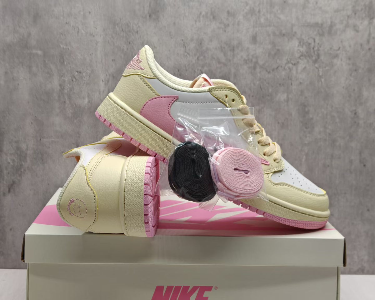 Low Top Sneakers, Beige Pink Colorway, Lace Up Design, Casual Gift for Sneaker Fans