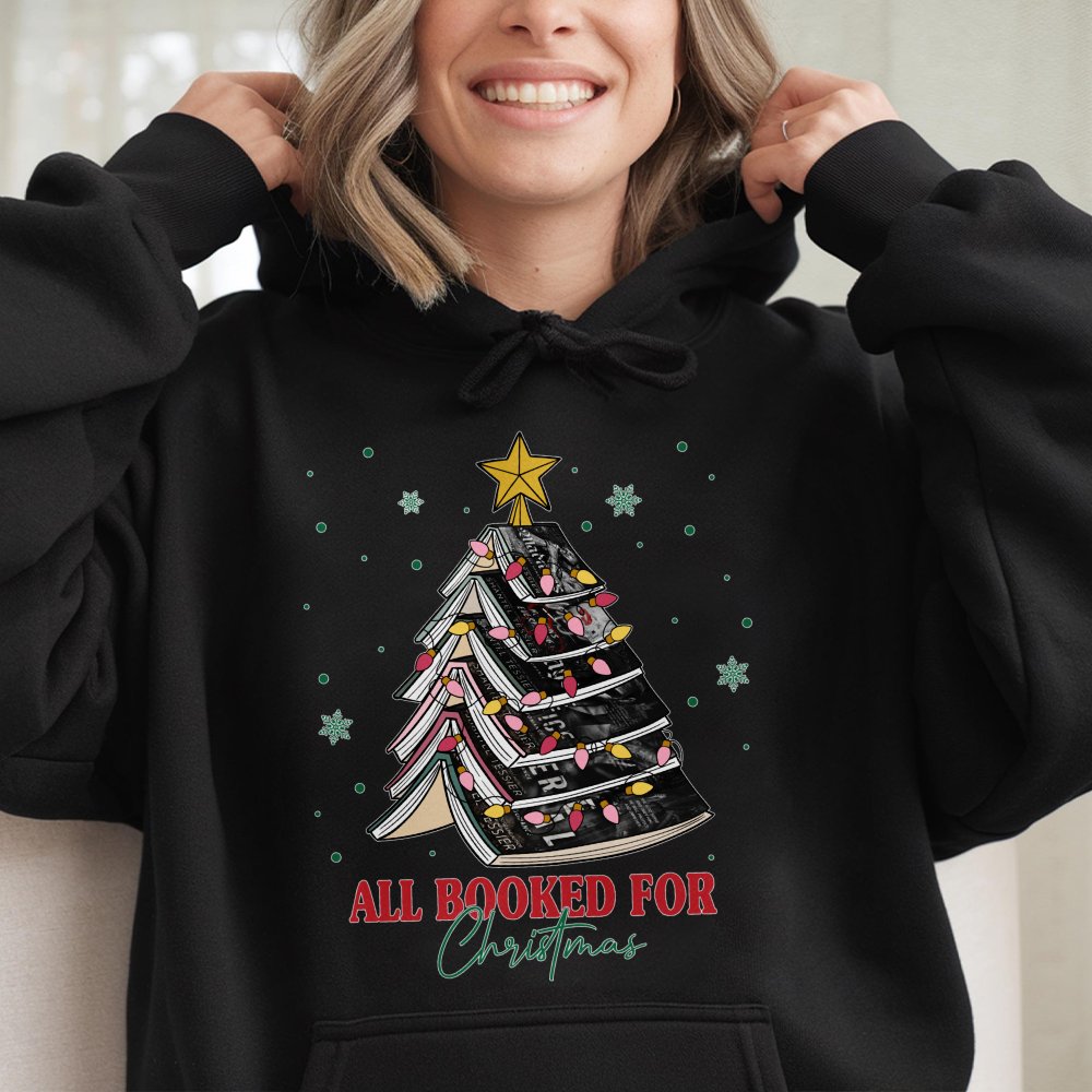 Adorable Book Lover Xmas Tree Hooded Sweatshirt, All Booked for Christmas Hoodie, Comfy Reader Holiday Pullover, Bookish Xmas