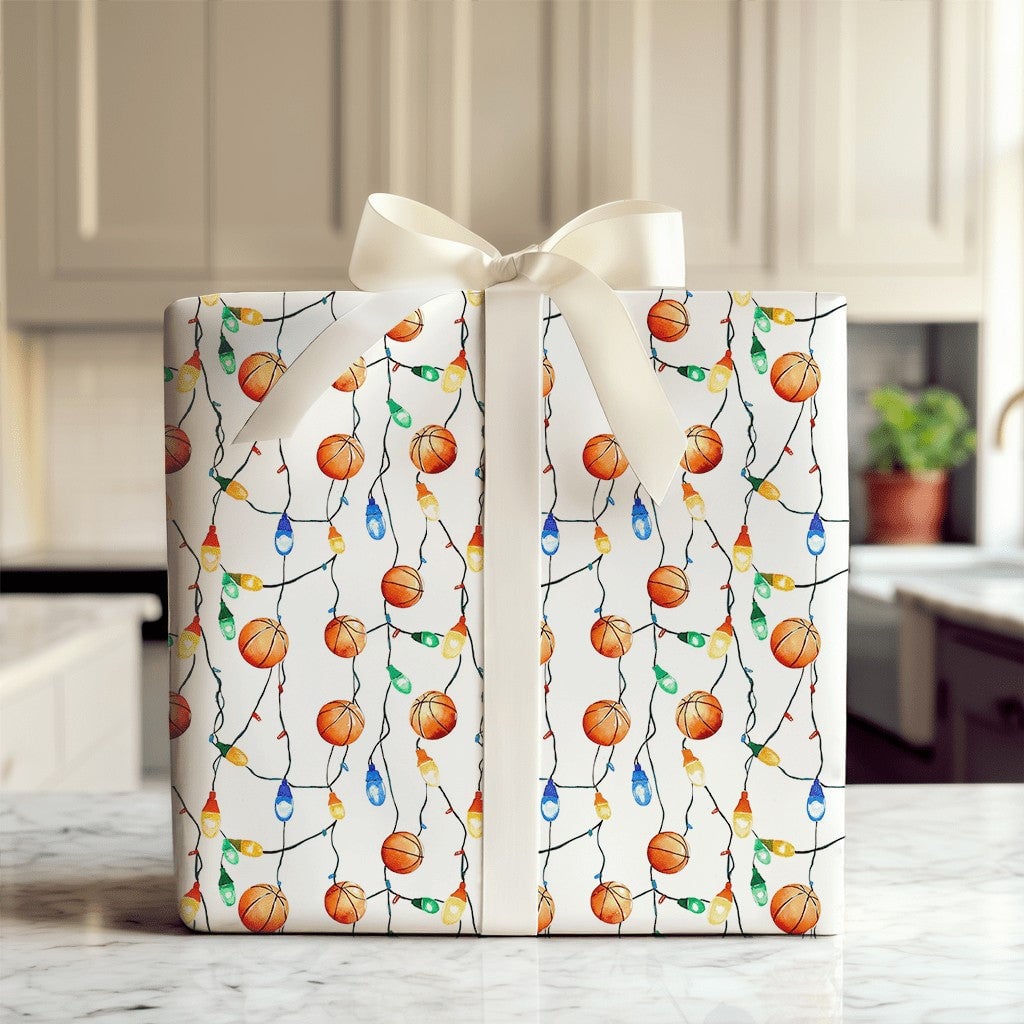 Sports Holiday Gift Wrap, Basketball Christmas Wrapping Paper, Xmas Lights Wrapping Paper, Basketball Fan Gift Wrap, Holiday 