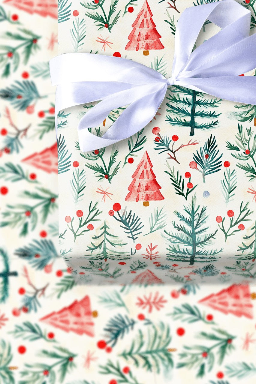 Rustic Winter Forest Gift Wrap, Watercolor Pine Tree Wrapping Paper, Christmas Holly Berry Wrapping Paper, Holiday Present Wr