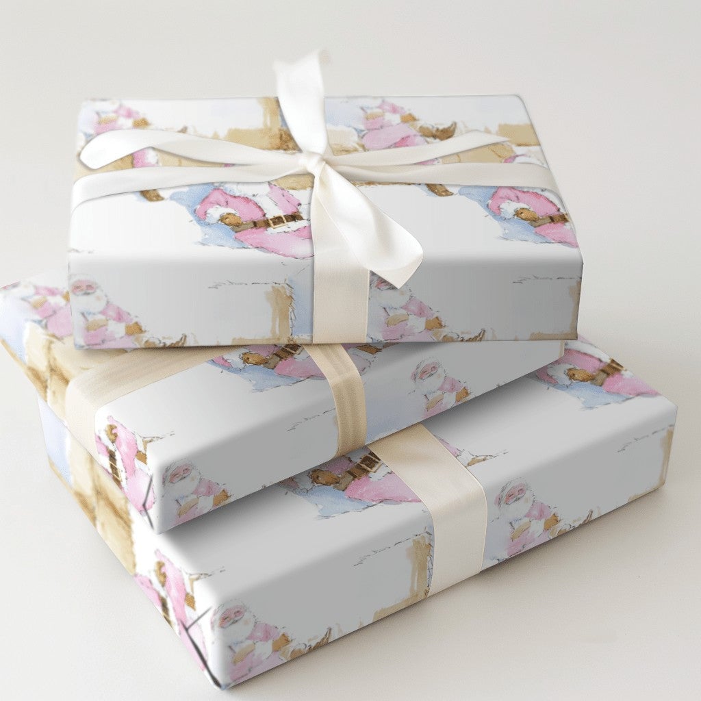 Rustic Hay Bale Christmas Gift Wrap, Pink Santa Wrapping Paper, Watercolor Country Holiday Wrapping Paper, Whimsical Western 
