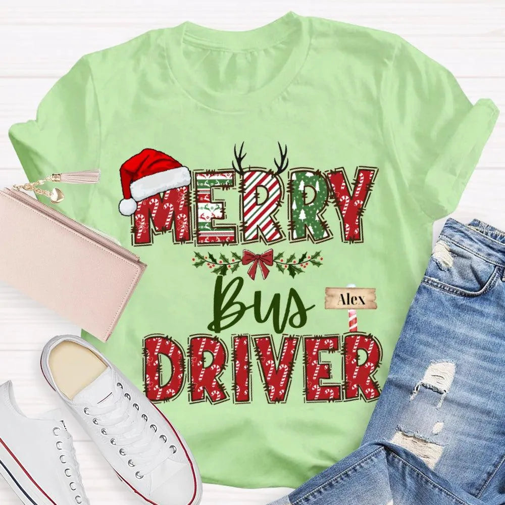 Custom Santa Hat Holiday Graphic Tee, Personalized Bus Driver Christmas T-Shirt, Merry Christmas Driver Shirt, Adorable Xmas 