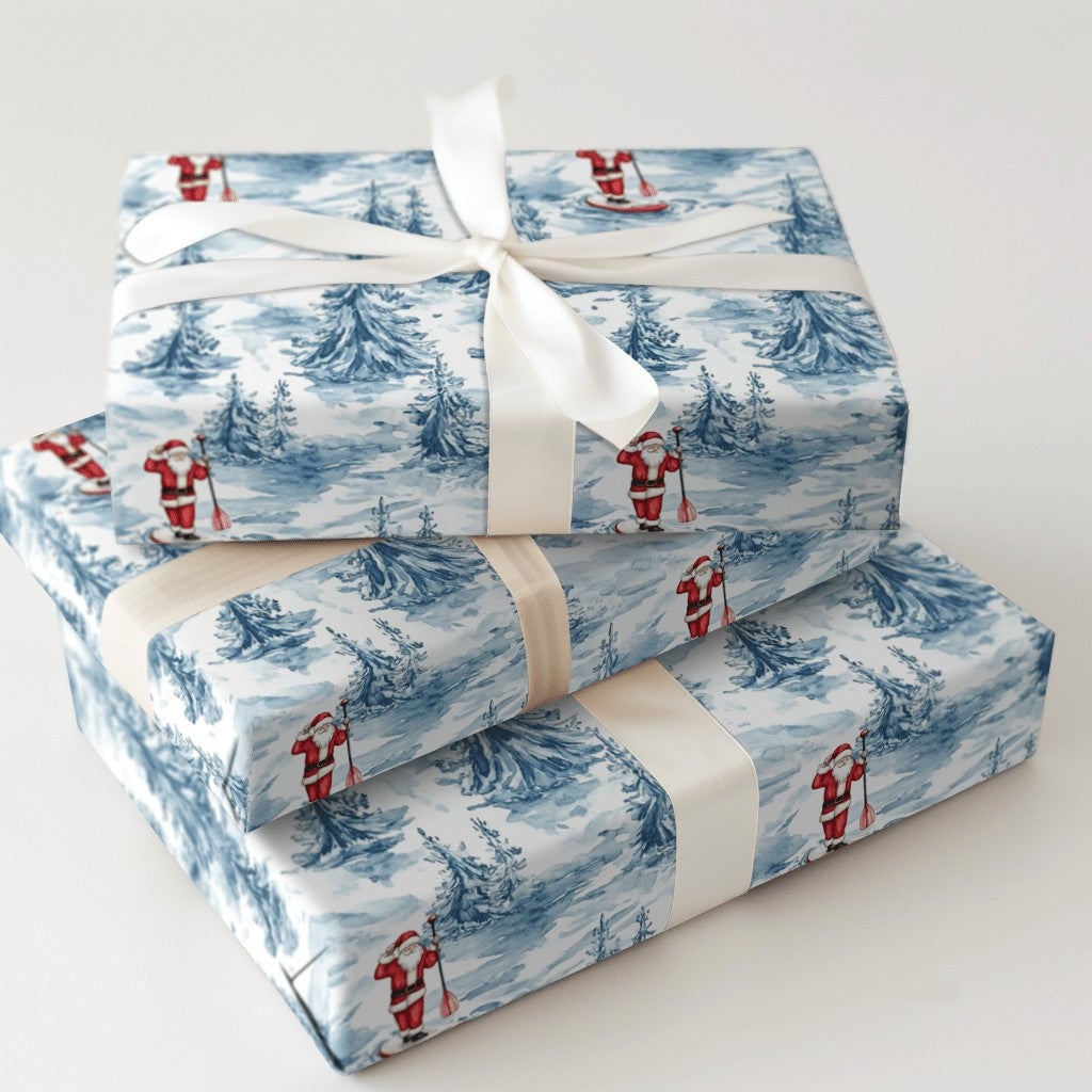 SUP Christmas Gift Wrap, Paddleboarding Santa Wrapping Paper, Winter Forest Holiday Present Paper, Adorable Coastal Xmas Gift
