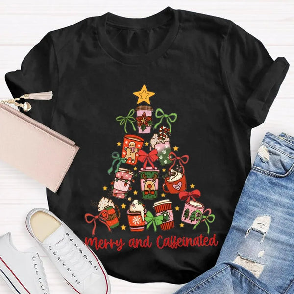 Coffee Christmas Tree Holiday Graphic Tee, Merry and Caffeinated Christmas T-Shirt, Festive Coffee Lover Xmas Shirt