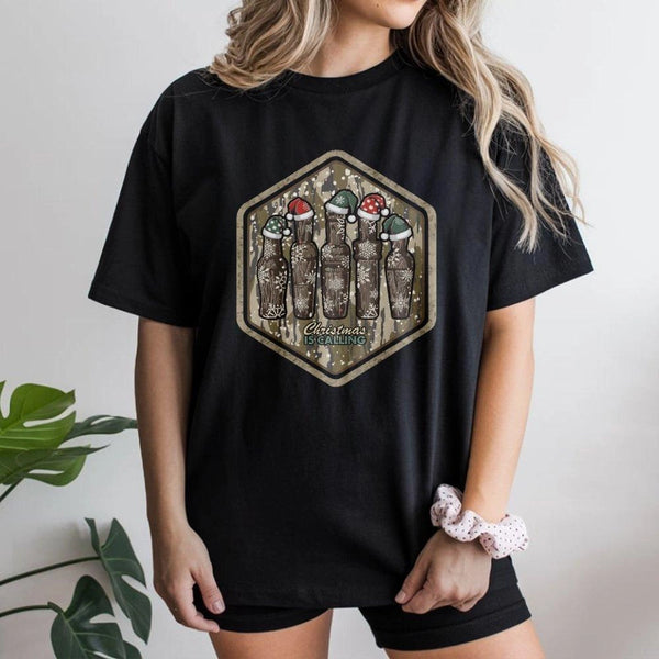 Camo Hunting Holiday Graphic Tee, Christmas Duck Call T-Shirt, Humorous Hunter Dad Xmas Shirt, Mallard Waterfowl Hunting Seas