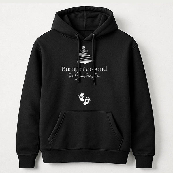 Adorable Holiday Pregnancy Reveal Hooded Sweatshirt, Bumpin' Around the Christmas Tree Hoodie, Mom to Be Baby Announcement Xm