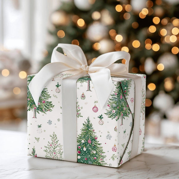 Festive Bauble Holiday Gift Wrap, Watercolor Christmas Trees Wrapping Paper, Snowflake Christmas Wrapping Paper, Winter Gift 