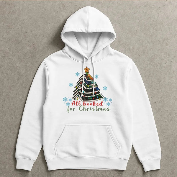Book Lover Christmas Tree Hoodie, All Booked for Christmas Hoodie, Bookish Holiday Hooded Sweatshirt, Reader Christmas Tree P