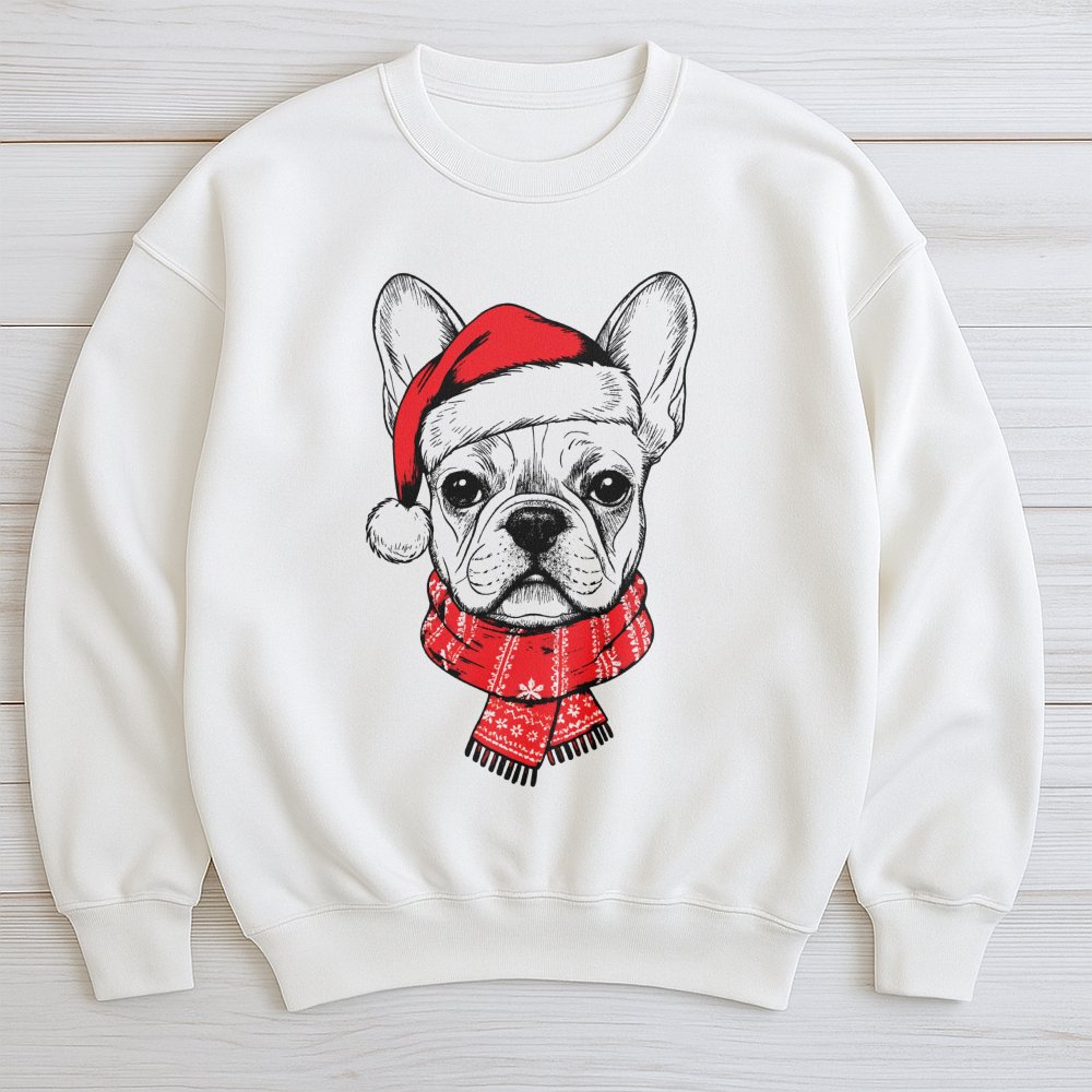 Santa Hat French Bulldog Crewneck, Frenchie Christmas Sweatshirt, Dog Holiday Pullover, Frenchie Xmas Sweatshirt