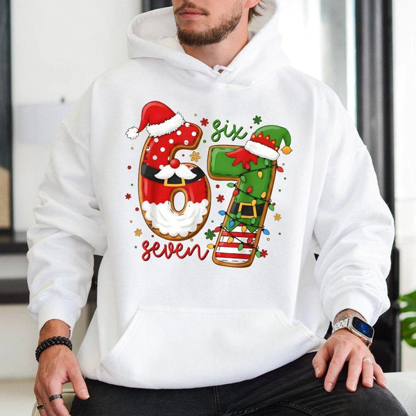 Humorous Holiday Graphic Sweatshirt, 67 Christmas Santa and Elf Number Hoodie, Retro Xmas Party Pullover, Birthday Party Appa