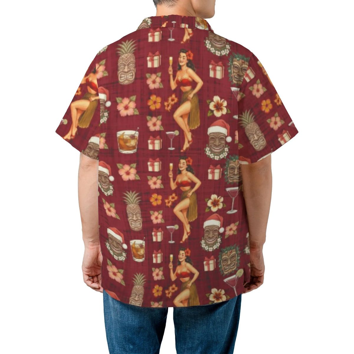Pin Up Girl Santa Aloha Shirt, Christmas Tiki Hawaiian Shirt, Retro Tropical Holiday Button Down Shirt, Humorous Christmas Pa