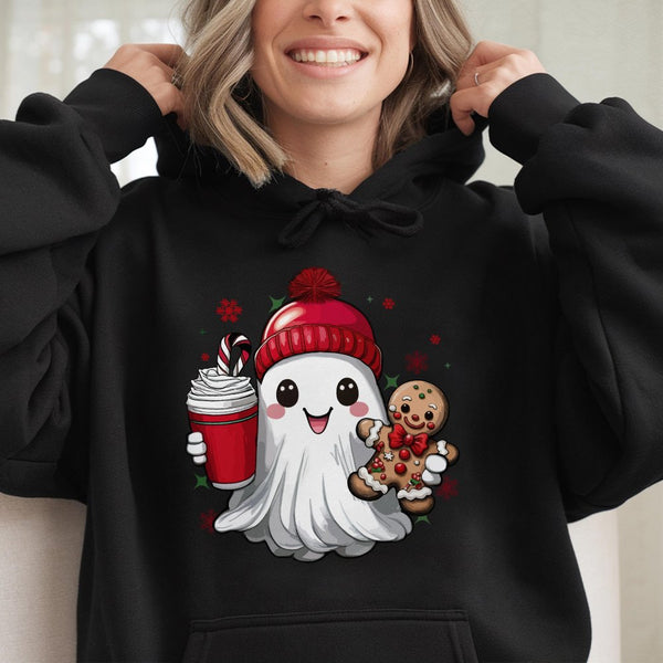 Gingerbread Man Winter Hooded Sweatshirt, Adorable Christmas Ghost Hoodie, Comfy Spooky Xmas Pullover, Kawaii Holiday Ghost S