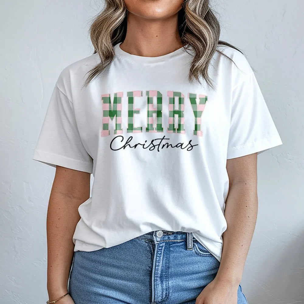 Pastel Buffalo Plaid Holiday Graphic Tee, Merry Christmas T-Shirt, Festive Winter Aesthetic Shirt, Adorable Family Xmas T-Shi