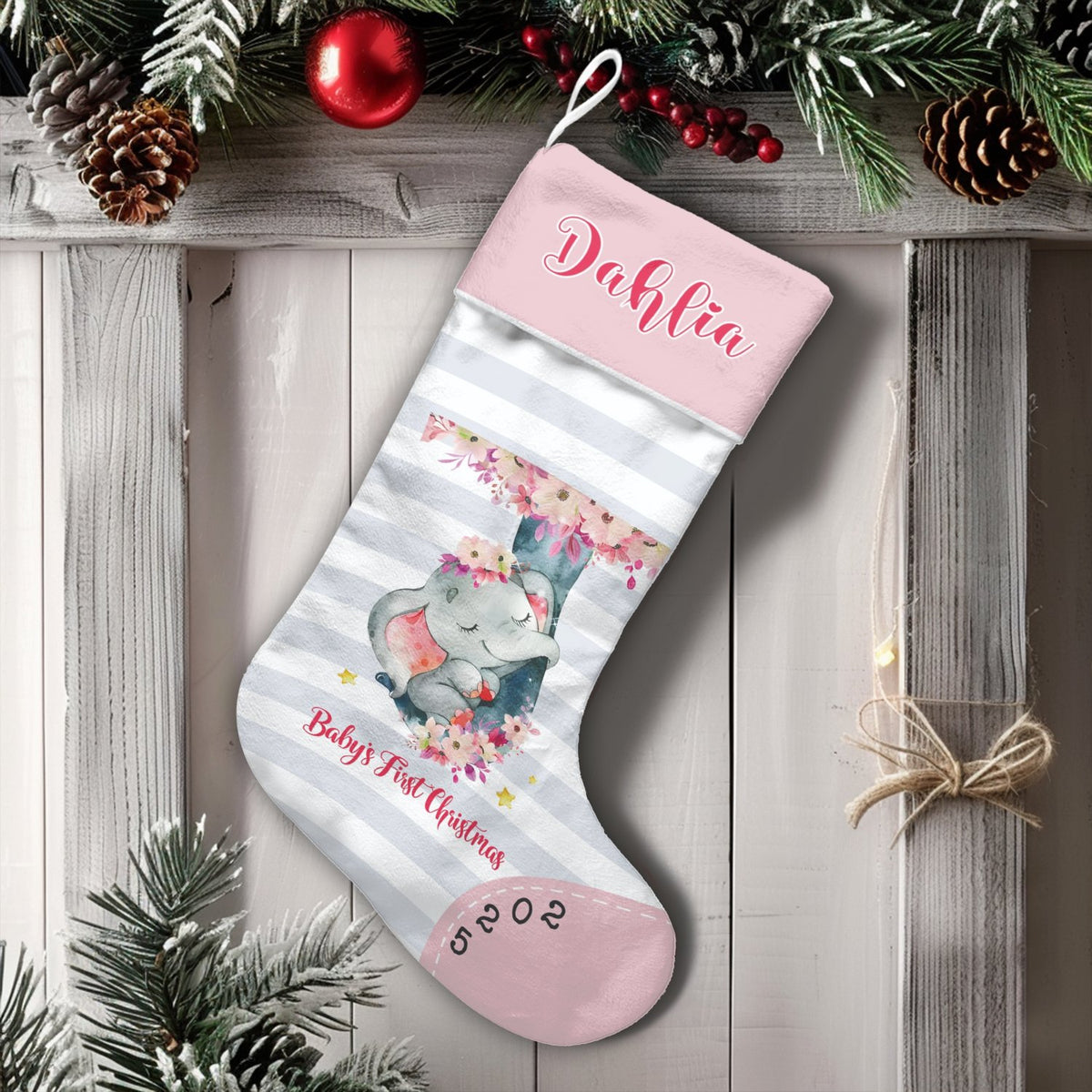 Adorable Sleeping Elephant Holiday Stocking, Personalized Baby Christmas Stocking, Custom Name Baby First Stocking, Newborn F