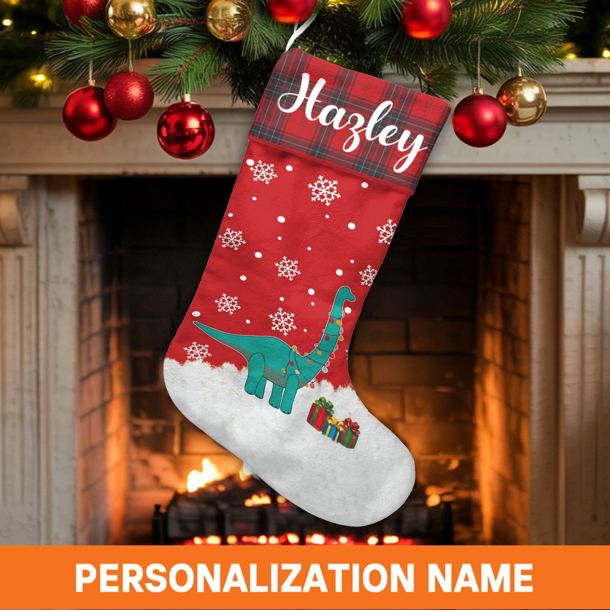 Plaid Cuff Holiday Dino Stocking, Personalized T-Rex Dinosaur Christmas Stocking, Custom Name Kids Xmas Stocking, Festive Fam