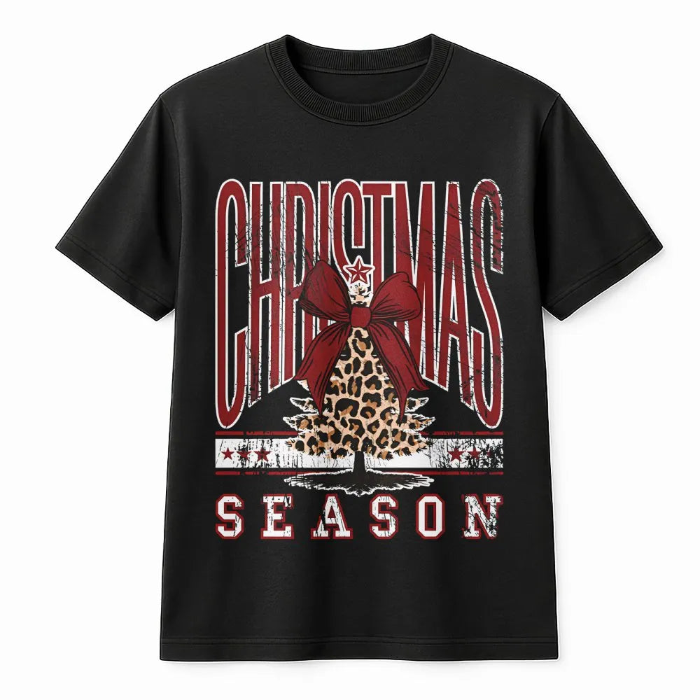Holiday Bow Graphic Tee, Leopard Print Christmas Tree T-Shirt, Adorable Christmas Season Shirt, Festive Winter Tee, Holiday P