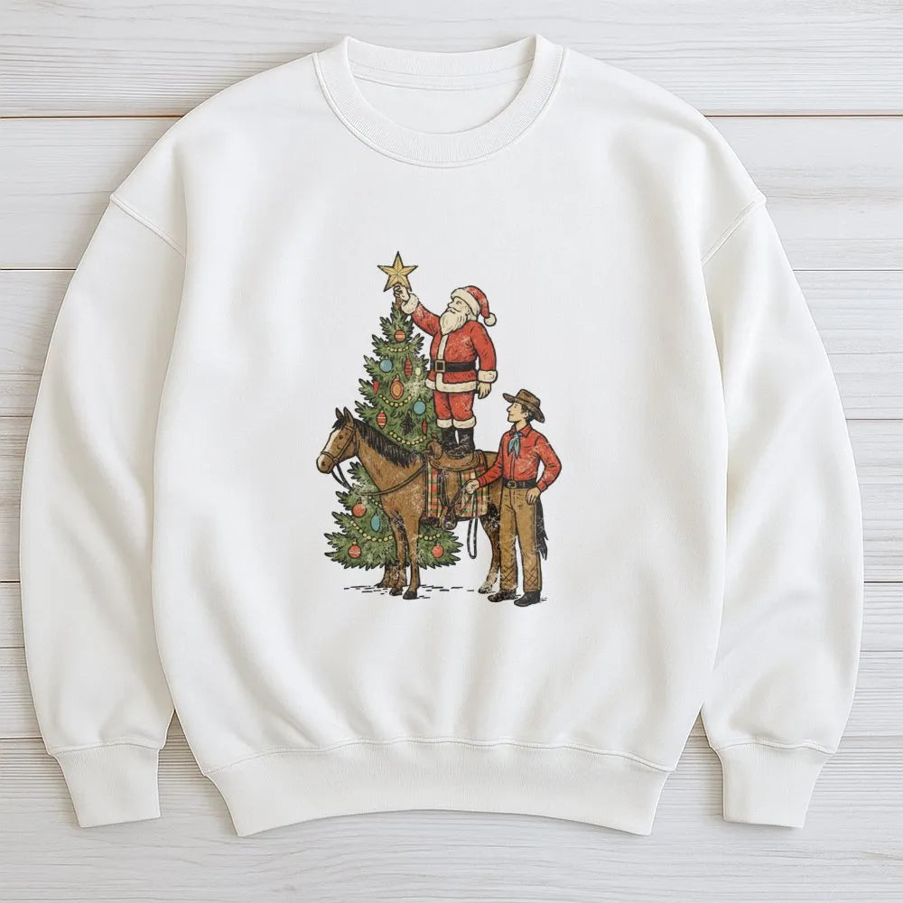 Christmas Horse Graphic Crewneck, Western Cowboy Santa Sweatshirt, Retro Country Holiday Sweater, Western Rodeo Pullover, Xma