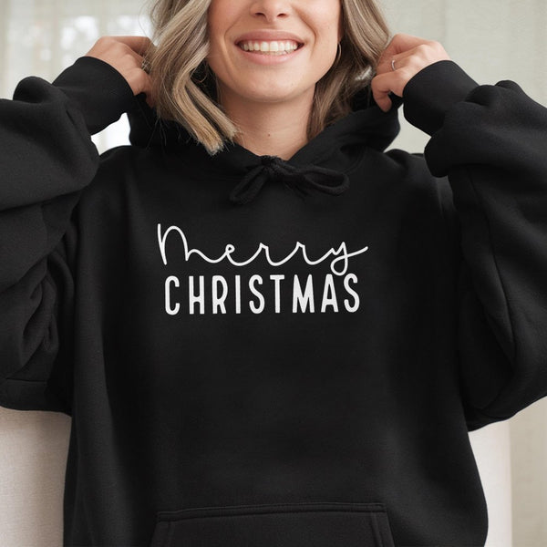 Minimalist Script Holiday Typography Hooded Sweatshirt, Merry Christmas Hoodie, Elegant Xmas Graphic Pullover, Comfy Winter A